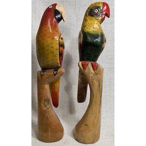 Vintage Hand Carved & Painted Wooden Parrots Tropical Colorful 17” Tall